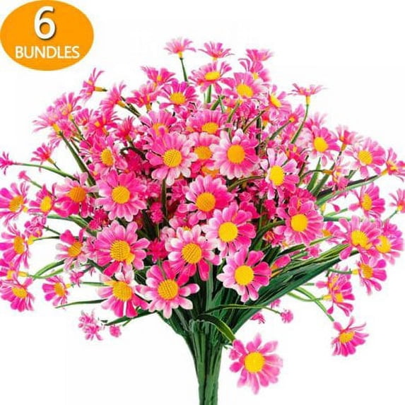 Morttic 6 Bundles Artificial Daisies Flowers UV Resistant Fake Greenery for Window Indoor Garden Decor, Pink