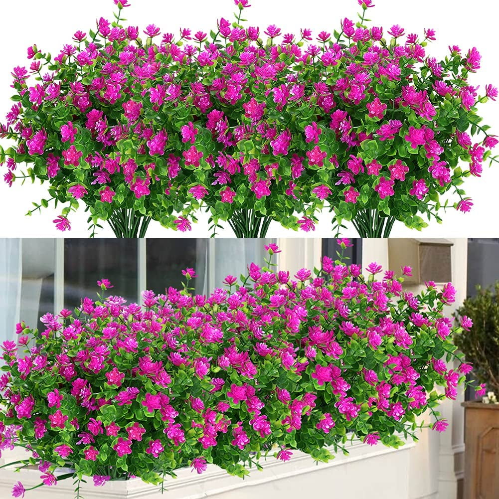 Morttic 6 Bundles Artificial Fall Boxwood No Fade Faux Autumn Plants, Fake Indoor Outdoor Greenery for Thanksgiving Christmas Wedding Party Home Garden Fireplace Decor (Magenta)