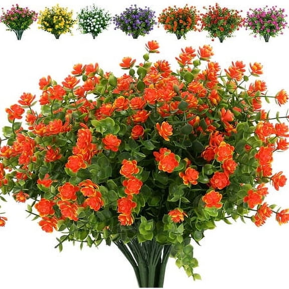Morttic 6 Bundles Artificial Fall Flowers, Outdoor UV Resistant Fake Flowers Plastic Greenery Shrubs Plants for Autumn Floral Arrangement, Hanging Baskets, Home Garden Decor (Orange red)