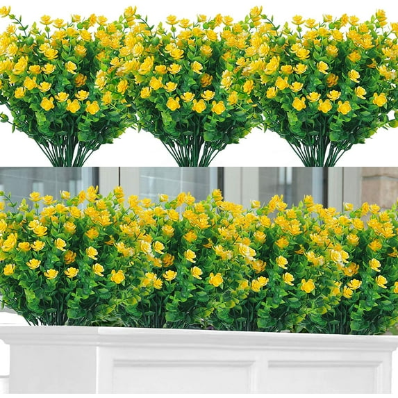Morttic 6 Bundles Outdoor Artificial Flowers UV Resistant Fake Boxwood Greenery Shrubs Faux Plastic Plants Decor for Indoor Outside Hanging Planter Yard Farmhouse Home Garden Wedding (Yellow)