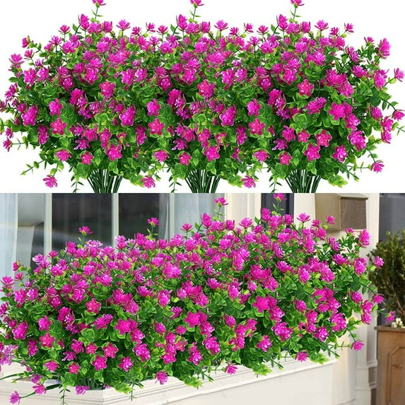 Morttic 6 Bundles Outdoor Artificial Flowers UV Resistant Fake Boxwood Plants, Faux Plastic Greenery for Indoor Outside Hanging Plants Garden Porch Window Box Home Wedding Farmhouse Decor (Magenta)