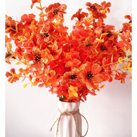 Morttic 6 Pack Artificial Fall Flowers Fake Eucalyptus Plant UV Resistant No Fade Faux Plastic Shrubs Home Garden Porch Patio Autumn Decoration (Orange Violet)