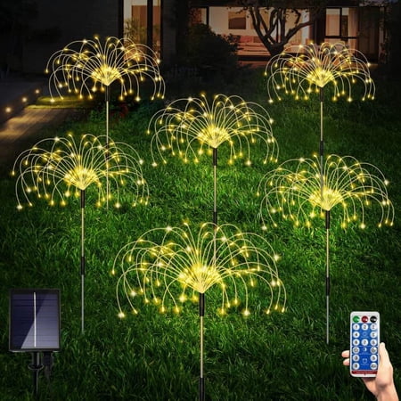 Morttic 6 Pack Outdoor Solar Garden Lights, Solar Firework Lights,120 LED Waterproof Solar Lamps Decorative, Fireworks Lamp, 8 Modes Landscape Lights with Remote for Backyard Walkway Patio(Warm White)