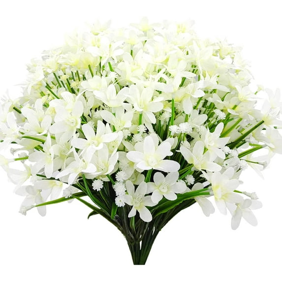 Morttic 6 Pcs Artificial Daffodils Flowers Outdoor UV Resistant Faux Shrubs Fake Plastic Plants for Hanging Planter Window Garden Porch Farmhouse Decor (White)