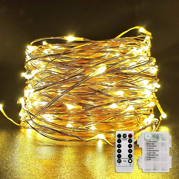 Morttic  66Ft 200 LEDs Fairy String Lights Battery Operated Outdoor Waterproof 8 Modes Dimmable Remote Control Christmas Decor Lights Copper Wire Lights for Bedroom Party Patio Wedding