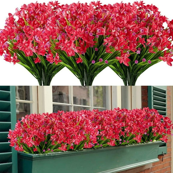 Morttic 8 Bundles Artificial Daffodils Fake Flowers No Fade Outdoor UV Resistant for Decorationr (Red)
