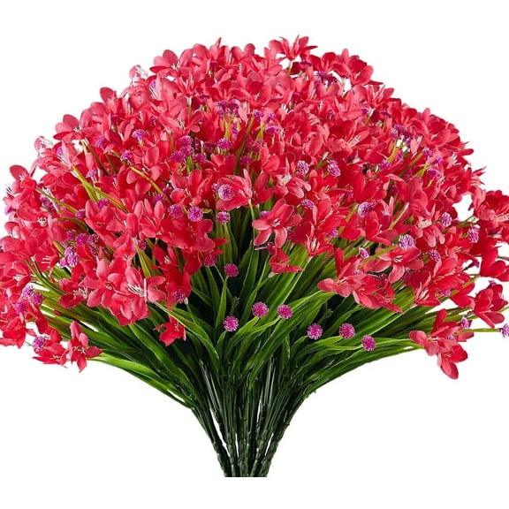 Morttic 8 Bundles Artificial Daffodils Flowers, Fake Artificial Greenery UV Resistant No Fade Faux Plastic Plants Indoor Outdoor Home Decor (Red)