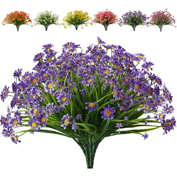 Morttic 8 Bundles Artificial Daisy Flowers UV Resistant No Fade Fake Greenery Faux Plastic Flowers for Wedding Garden Hanging Planter Indoor Porch Patio Office Home Decoration (Purple)