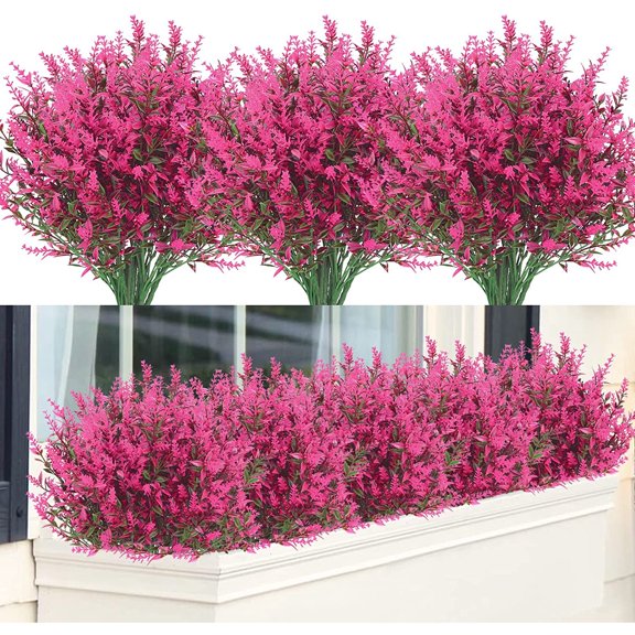 Morttic 8 Bundles Artificial Fake Lavender Plants Flowers Faux Plastic Lavender Flower Outdoor UV Resistant Decoration for Indoor Outside Home Garden Wedding (Pink)