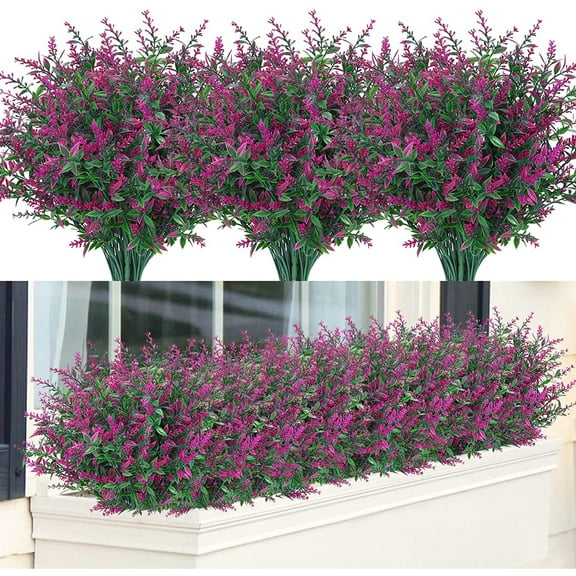 Morttic 8 Bundles Artificial Fake Lavender Plants Flowers Faux Plastic Lavender Flower Outdoor UV Resistant Decoration for Indoor Outside Home Garden Wedding (Fuchsia)
