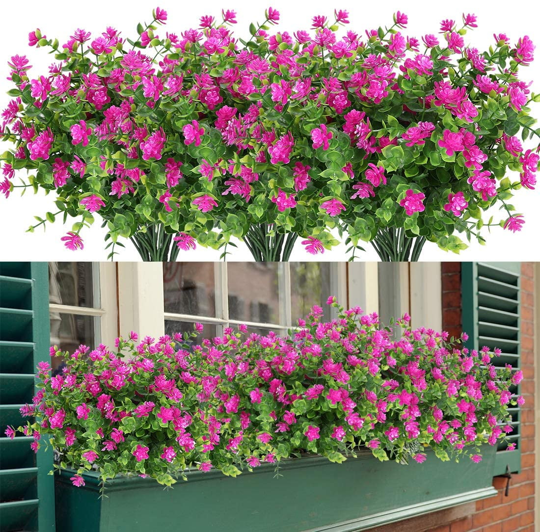 Morttic 8 Bundles Artificial Flowers, Fake Artificial Greenery UV Resistant No Fade Faux Plastic Plants for Wedding Bridle Bouquet Indoor Outdoor Home Garden Kitchen Office Table Vase(Fuchsia)
