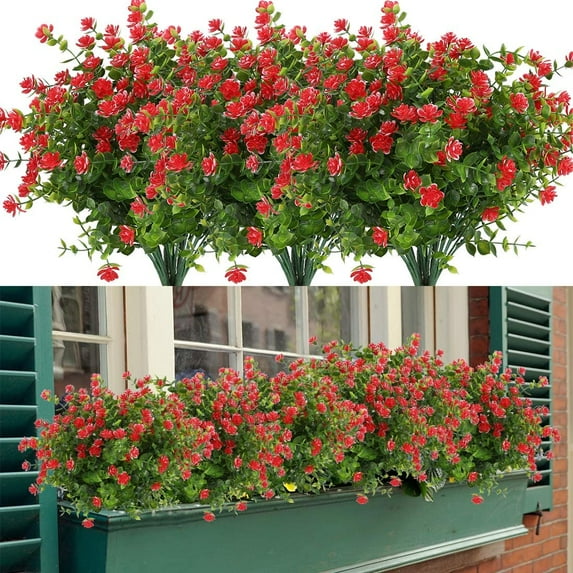Morttic 8 Bundles Artificial Flowers, Fake Artificial Greenery UV Resistant No Fade Faux Plastic Plants for Wedding Bridle Bouquet Indoor Outdoor Home Garden Kitchen Office Table Vase(Red)
