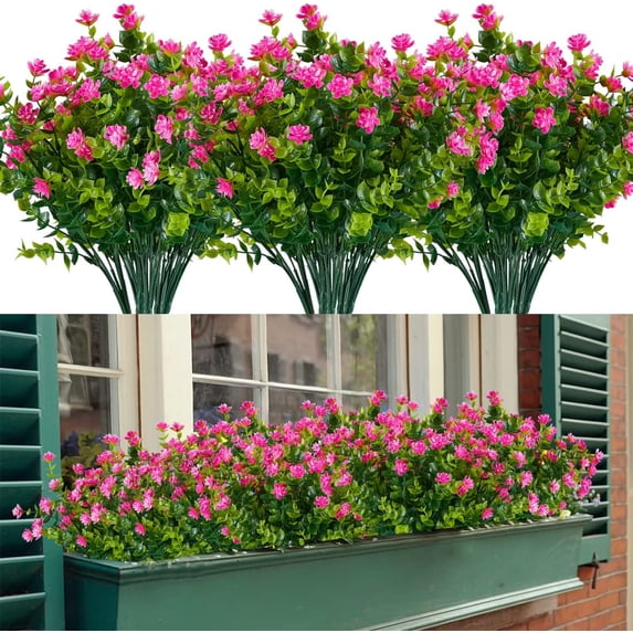Morttic 8 Bundles Artificial Flowers, Fake Artificial Greenery UV Resistant No Fade Faux Plastic Plants for Wedding Bridle Bouquet Indoor Outdoor Home Garden Kitchen Office Table Vase(Pink)