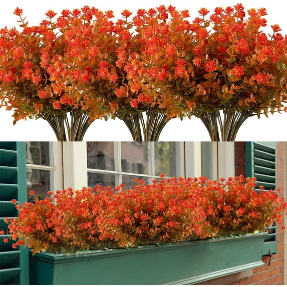 Morttic 8 Bundles Artificial Flowers, Fake Artificial Greenery UV Resistant No Fade Faux Plastic Plants for Wedding Bridle Bouquet Indoor Outdoor Home Garden Kitchen Office Table Vase(Red Orange)