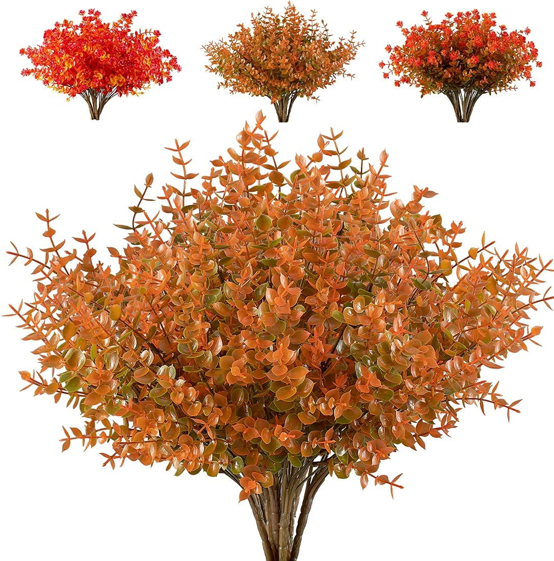 Morttic 8 Bundles Artificial Flowers Fake Boxwood Shrubs UV Resistant No Fade Faux Greenery Faux Plastic Lotus for Home Garden Hanging Planter Indoor Porch Patio Office Wedding Decoration(Fall)