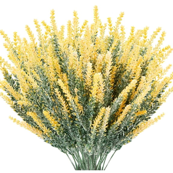 Morttic 8 Bundles Artificial Lavender Fake Flowers, Outdoor UV Resistant Faux Plants Plastic Greenery for Wedding Bouquets, Farmhouse Outside Patio Home Decor (Yellow)