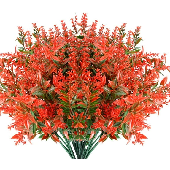Morttic 8 Bundles Artificial Lavender Flowers Outdoor UV Resistant Fake Flowers No Fade Faux Plastic Plants Garden Patio Porch Window Box Decoration (Orange Red)