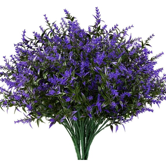 Morttic 8 Bundles Artificial Lavender Flowers Outdoor UV Resistant Fake Flowers No Fade Faux Plastic Plants Garden Patio Porch Window Box Decoration (Purple)