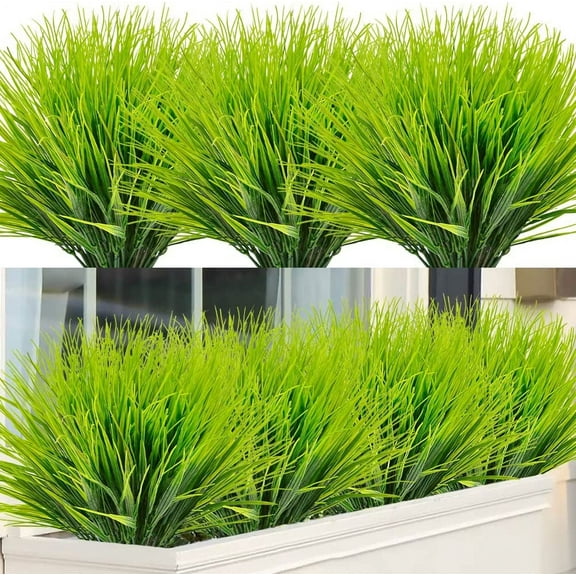 Morttic 8 Bundles Artificial Outdoor Wheat Grass Greenery Shrubs UV Resistant Shrubs for Outside Home Garden Yard Decoration