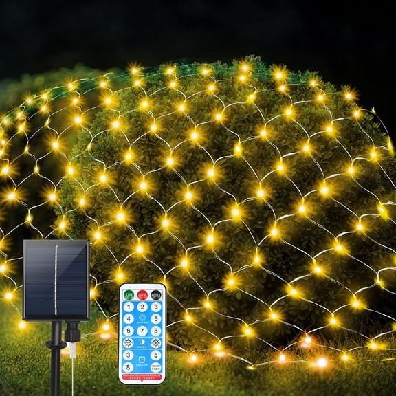 Morttic 9.8ft X 6.6ft Christmas Solar Net Lights Outdoor Indoor, 192 LED 8 Modes with Remote, Waterproof Mesh Net Lights Decoration for Holiday Xmas,Garden, Bedroom, Bush ,Garden (Warm White)