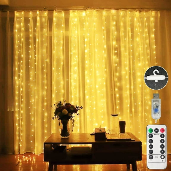 Morttic 9.9ft x 9.8ft Led Curtain Lights 300 LED 8 Modes USB Plug in ,Indoor Window Wall Decoration Light with Remote Control for Christmas Wedding Party Home Bedroom (Warm White)
