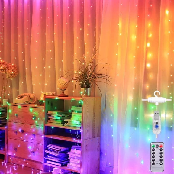 Morttic 9.9ft x 9.8ft Led Curtain Lights 300 LED 8 Modes USB Plug in ,Indoor Window Wall Decoration Light with Remote Control for Christmas Wedding Party Home Bedroom (Rainbow Color)
