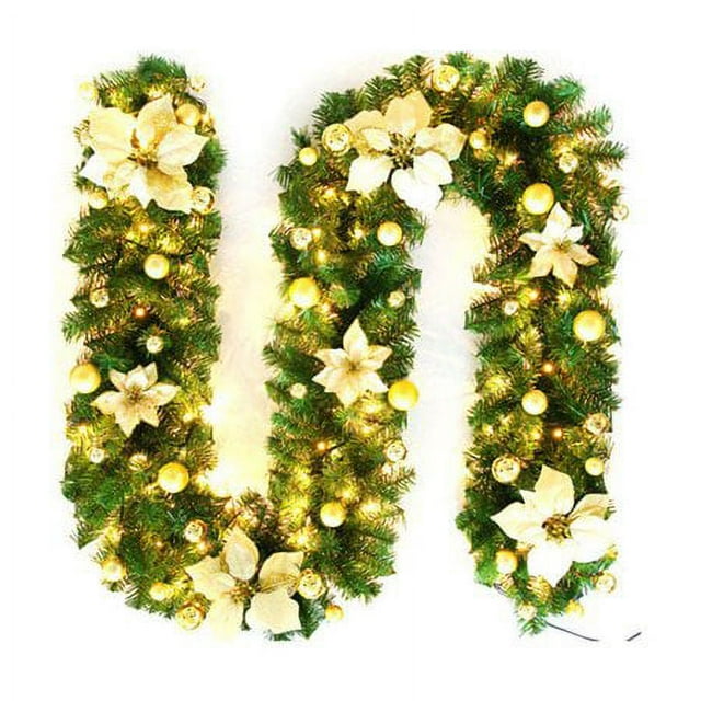 Morttic 9ft Pre-lit Artificial Christmas Garland, Green Rattan with Red Flower Decorations  Battery Operated LED Lights for Home Fireplace Front Porch Door Indoor Outdoor Christmas Decor