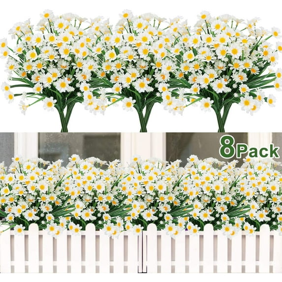 Morttic Artificial Daisy Flowers, 8PCS Fake Daisy Greenery Bush Faux Plastic Shrubs Garden Porch Window Home Kitchen Indoor Outdoor Spring Decorations, White