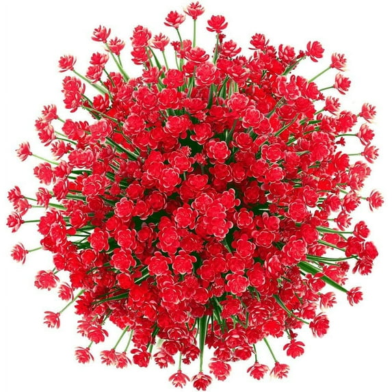 Morttic Artificial Fake Flower 6 Bundles Home Greenery Shrubs Party Bushes Plants Wedding Decor Indoor Outside UV Resistant Hanging Planter Home Garden Decor (Red)