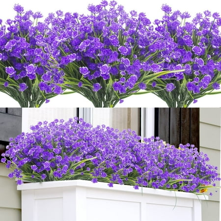 Morttic Artificial Fake Flowers, 12 Bundles Outdoor UV Resistant Greenery Shrubs Plants Indoor Outside Hanging Planter Home Garden Decor (Purple)