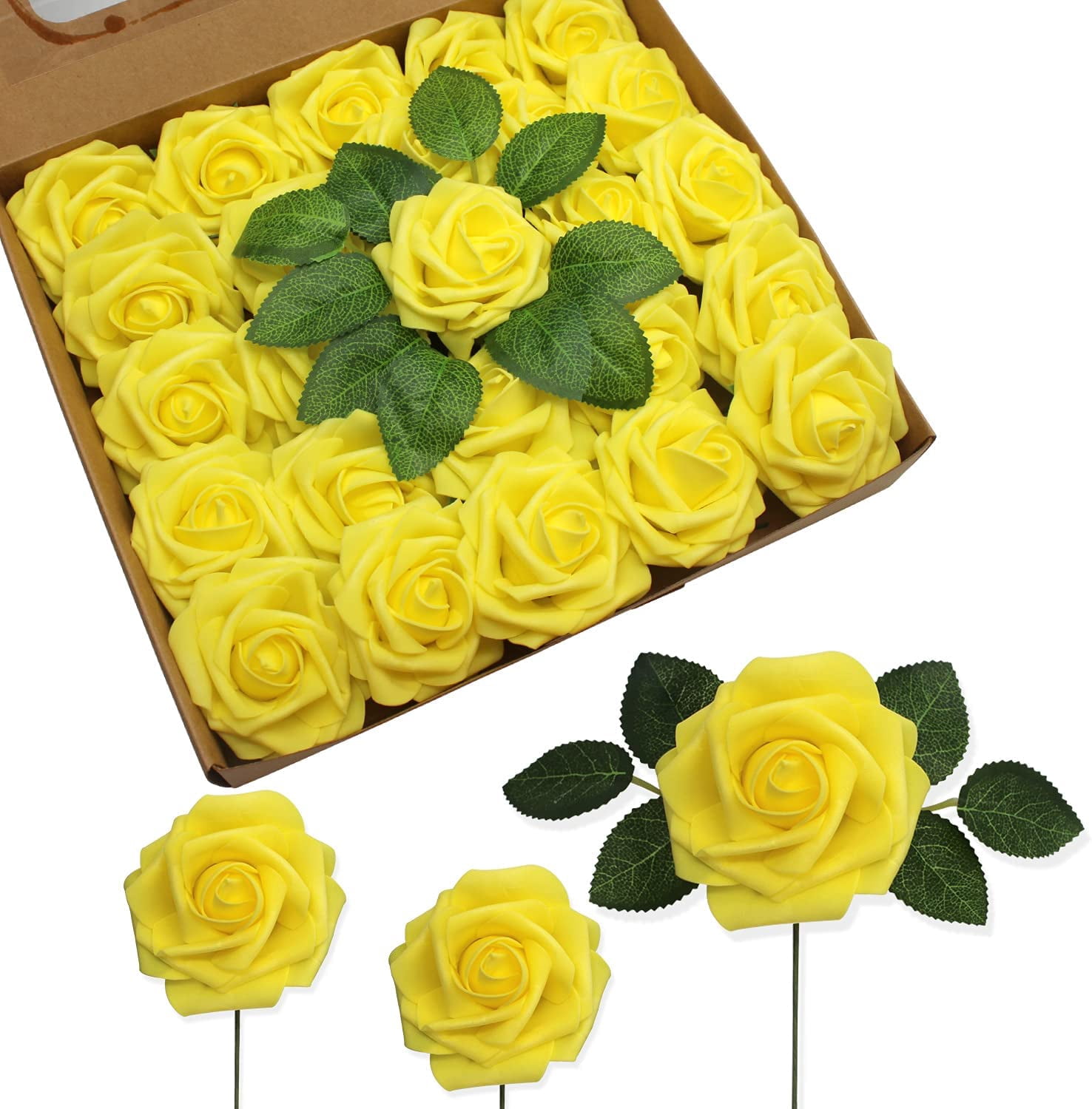 Morttic Artificial Flowers 25pcs Real Touch Fake Rose with Stems Foam ...