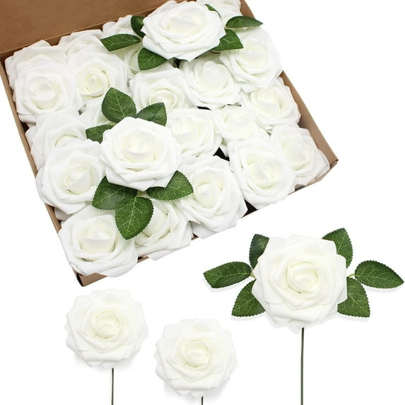 Morttic Artificial Flowers 25pcs Real Touch Fake Rose with Stems Foam Roses Bulk for DIY Wedding Bouquets Centerpieces Arrangements Party Baby Shower Home Decorations,White