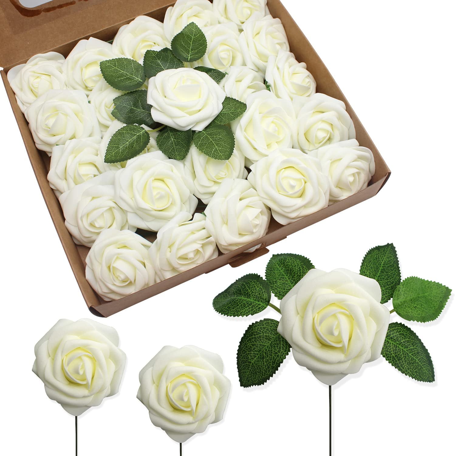 Morttic Artificial Flowers 25pcs Real Touch Fake Rose with Stems Foam ...