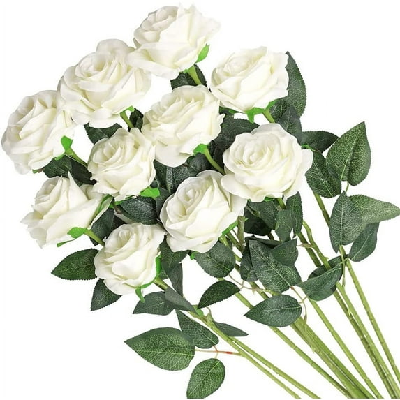 Morttic Artificial Flowers Silk Roses Fake Bridal Wedding Bouquet for Home Garden Party Floral Decor 10 Pcs (White)