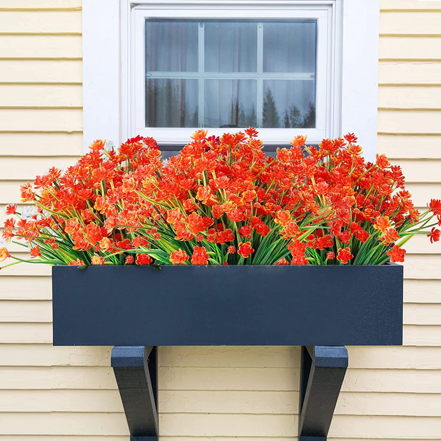 Morttic Artificial Flowers for Outdoors Plastic UV Resistant Faux Flowers Decoration Greenery Garden Shrubs，Bulk Fake Flowers in Vase (Orange 4pcs)