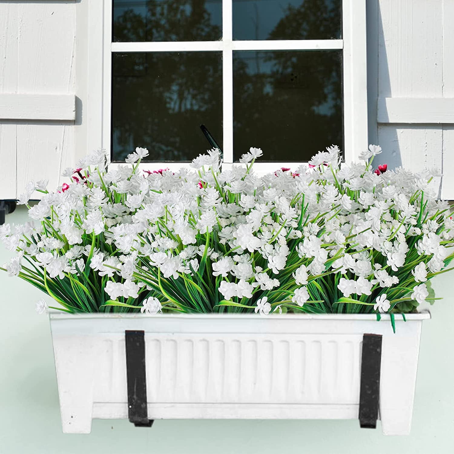 Morttic Artificial Flowers for Outdoors Plastic UV Resistant Faux Flowers Decoration Greenery Garden Shrubs，Bulk Fake Flowers in Vase (White 4pcs)