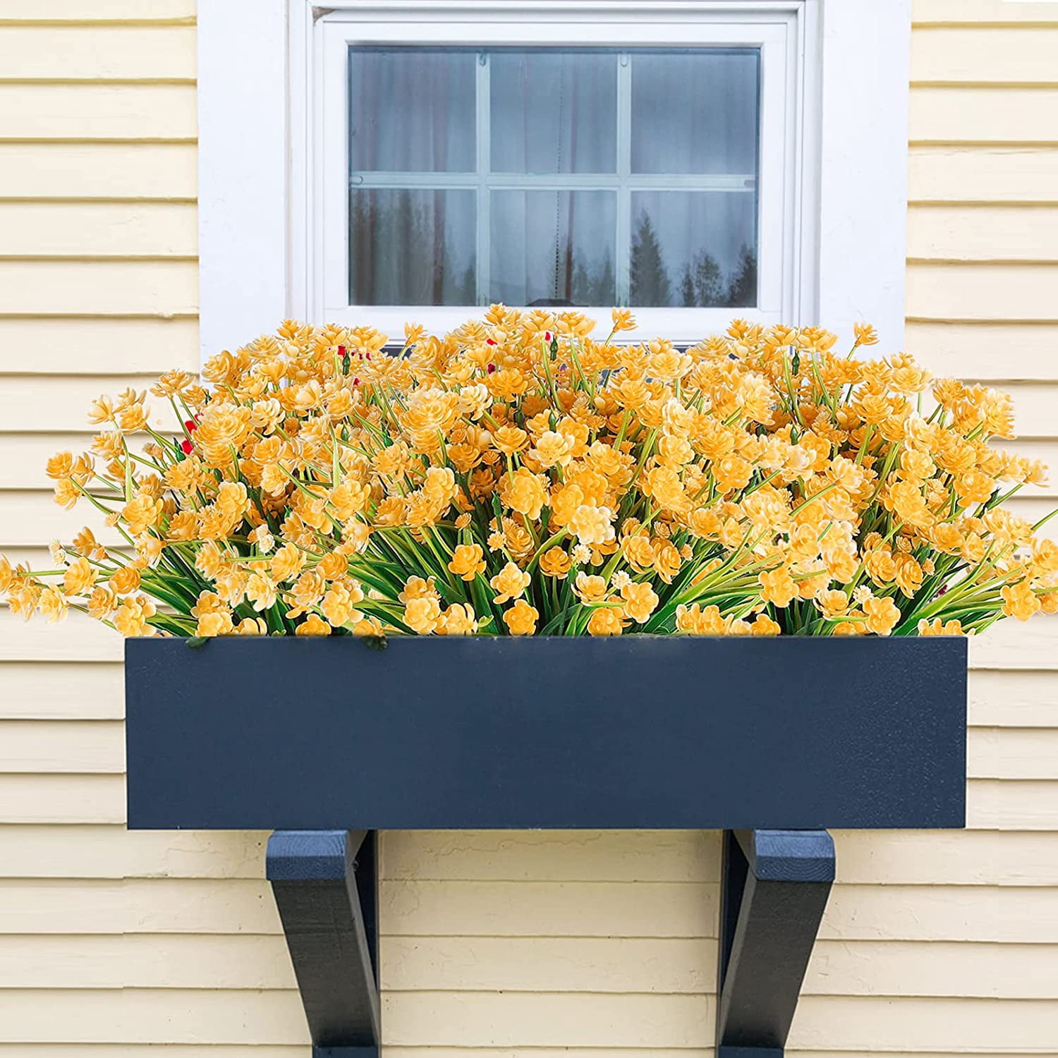 Morttic Artificial Flowers for Outdoors Plastic UV Resistant Faux Flowers Decoration Greenery Garden Shrubs，Bulk Fake Flowers in Vase (Yellow 4pcs)