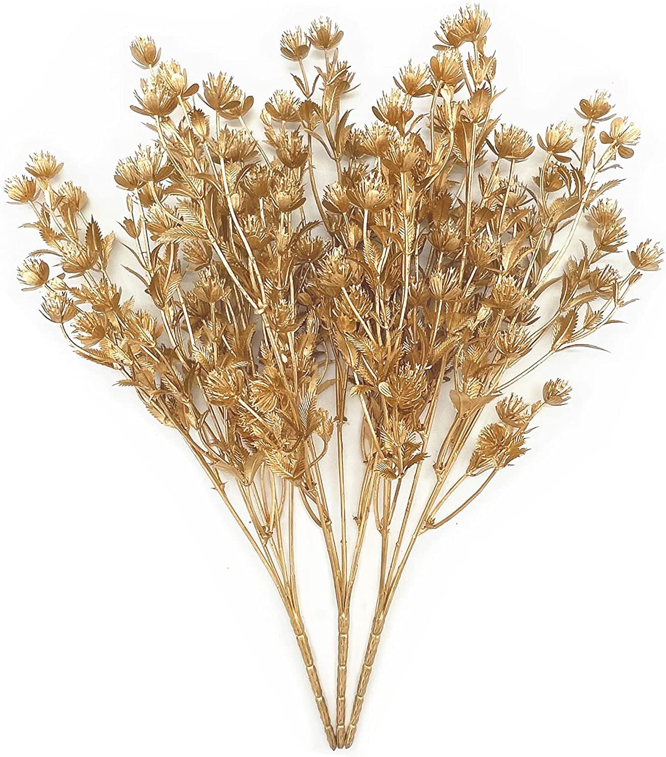 Morttic Artificial Golden Baby Breath Flowers, Plastic Fake Gypsophila Flower for Indoor Outdoor Christmas Wedding Home Party Table Arrangement Decoration DIY Planter Filler Gold Leaves Decor - 3 Pack