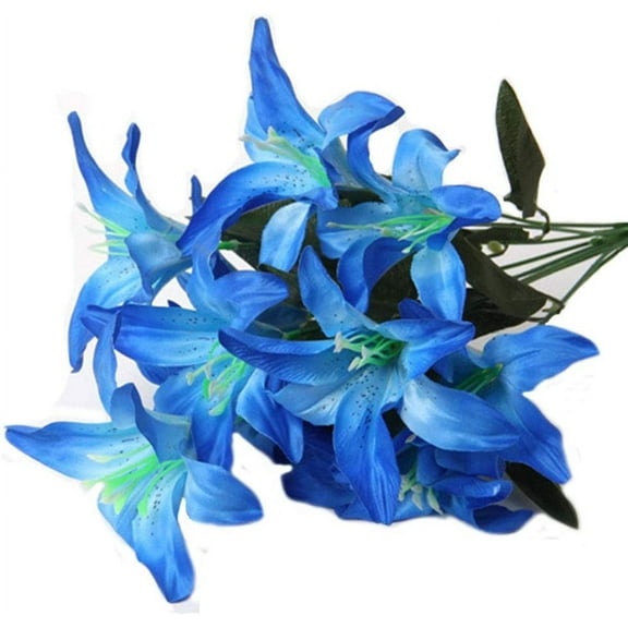 Morttic Artificial Lily 10 Heads Fake Lily Artificial Flower Wedding Party Decor Bouquet Home Hotel Office Garden Craft Art Decor Blue