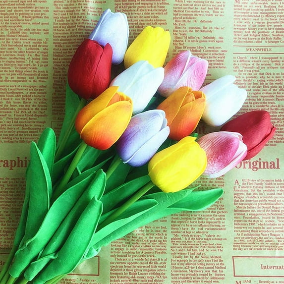 Morttic Artificial PU Tulips 10Pcs Real Touch Fake Flower Arrangement Bouquets for Home Office Wedding Decoration (Colorful)