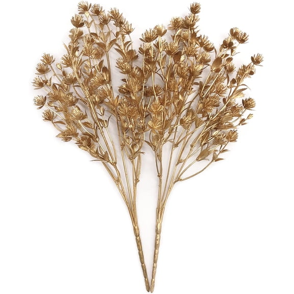 Morttic Artificial Plants Golden Baby Breath Gypsophila, for Christmas Decoration Fake Plant Grass Fern Bushes Faux Shrubs Greenery Indoor Outside Planter Flowers Festival Home Garden Decor Gold 2Pack