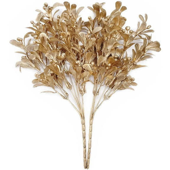 Morttic Artificial Plants Golden Flowers, for Christmas Plastic Fake Plant Bush Grass Decoration Fern Bushes Faux Shrubs Greenery Indoor Outside Planter Leaves Filler Festival Home Garden Decor -2Pack