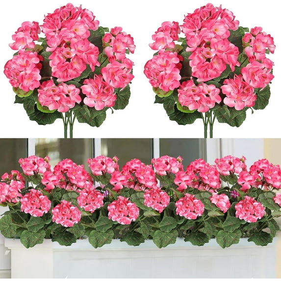 Morttic Artificial Red Geranium Silk Flowers Outdoor Plant Bush 2 Bundles Faux Flowers Geraniums for Outdoors Floral Home Decor Indoor Garden Patio Vase Grave Cemetary Table Centerpieces Decor