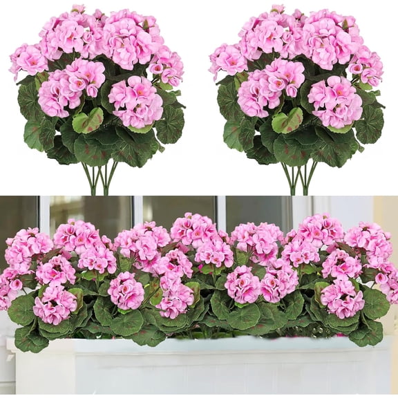 Morttic Artificial Red Geranium Silk Flowers Outdoor Plant Bush 2 Bundles Faux Flowers Geraniums for Outdoors Floral Home Decor Indoor Garden Patio Vase Grave Cemetary Table Centerpieces Decor