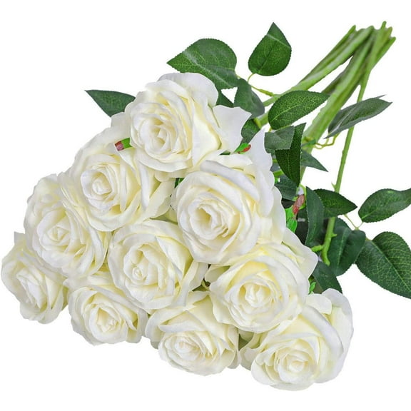 Morttic Artificial Silk Rose Flower Bouquet Lifelike Fake Rose for Wedding Home Party Decoration Event Gift 10pcs (Off White)
