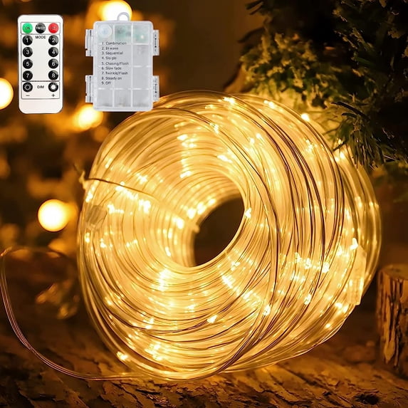 Morttic Battery Rope Lights 40Ft 120 LED Rope Lights Outdoor Waterproof Battery Operated Rope Lights with Remote 8 Modes Tube Lights for Camping Party Halloween Christmas Decoration (Warm White)
