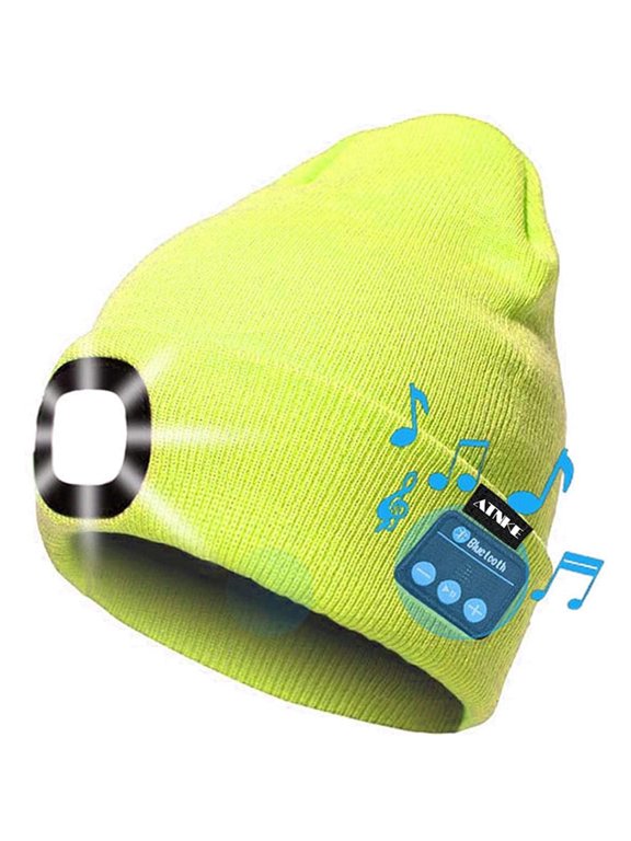 Bluetooth Beanie Hat with 4 LED Light, USB Rechargeable Headlamp Cap Built-in Speakers & Mic Winter Knitted Night Lights Hat for Christmas Gifts Men Women (Camo Yellow)