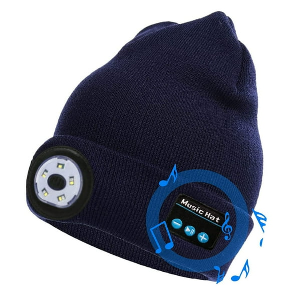 Morttic Bluetooth Beanie Hat with Light, Built-in Stereo Speakers & Mic, Bright Hands-Free Hat Light USB Rechargeable 5 LED Flashlight Headlamp Winter Knit Cap for Men, Women (Navy)