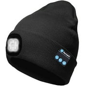 Morttic Bluetooth Beanie Hat with Light, Unisex USB Rechargeable 4 LED Headlamp Cap with Headphones, Built-in Stereo Speakers & Mic Winter Knitted Lighted Music Hat (Black)