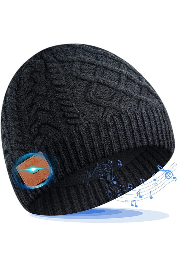 Bluetooth Beanie Hat, Wireless Earphone Beanie Headphones, Winter Warm Knit Thick Cable Skull Cap with HD Stereo Speakers Built-in Microphone, Christmas Electronic Gifts for Men/Women Black
